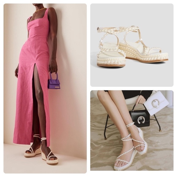 JIMMY CHOO Drive Pearl Embellished Wedge Heel Sandals - Picture 1 of 14